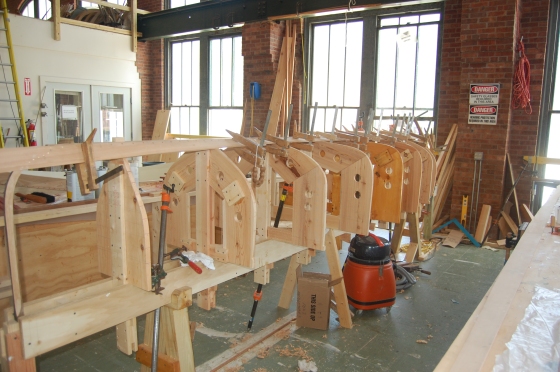 First the ribs of the boat are put in pace. Lots of clamps are used.